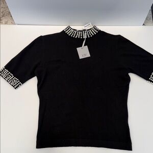 Black Short Sleeve Top with Pearl Accents